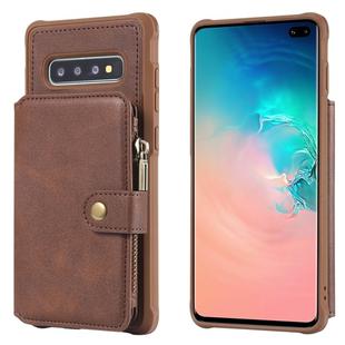 For Galaxy S10 Plus Zipper Shockproof Protective Case with Card Slots & Bracket & Photo Holder & Wallet Function(Coffee)
