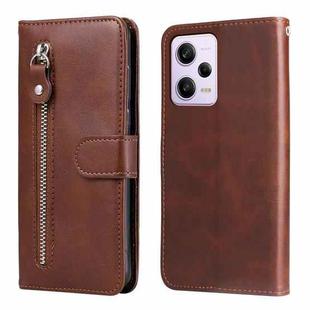 For Xiaomi Redmi Note 12 Pro 5G China Calf Texture Zipper Leather Phone Case(Brown)
