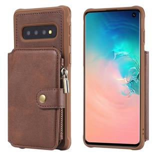 For Galaxy S10 Zipper Shockproof Protective Case with Card Slots & Bracket & Photo Holder & Wallet Function(Coffee)