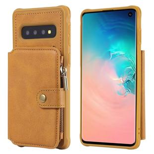 For Galaxy S10 Zipper Shockproof Protective Case with Card Slots & Bracket & Photo Holder & Wallet Function(Brown)