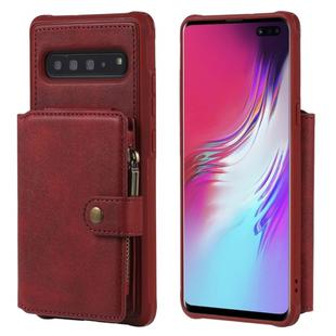 For Galaxy S10 5G Zipper Shockproof Protective Case with Card Slots & Bracket & Photo Holder & Wallet Function(Red)