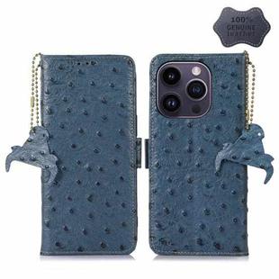 For iPhone 14 Pro Ostrich Pattern Genuine Leather RFID Phone Case(Blue)