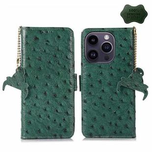 For iPhone 14 Pro Ostrich Pattern Genuine Leather RFID Phone Case(Green)