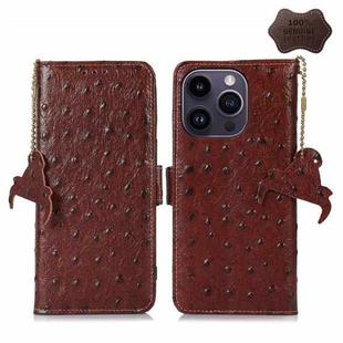 For iPhone 14 Pro Max Ostrich Pattern Genuine Leather RFID Phone Case(Coffee)