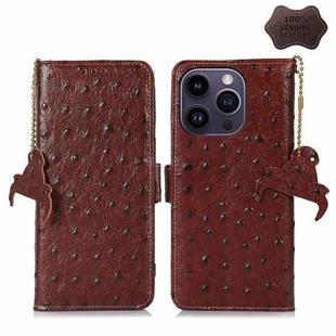 For iPhone 15 Pro Max Ostrich Pattern Genuine Leather RFID Phone Case(Coffee)