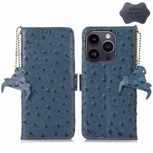 For iPhone 15 Pro Max Ostrich Pattern Genuine Leather RFID Phone Case(Blue)