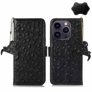 For iPhone 15 Pro Ostrich Pattern Genuine Leather RFID Phone Case(Black)