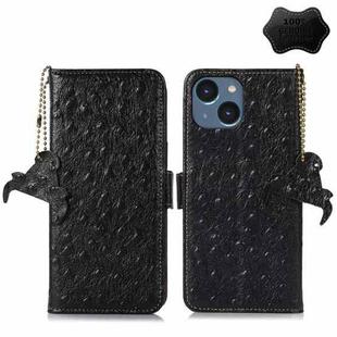 For iPhone 15 Plus Ostrich Pattern Genuine Leather RFID Phone Case(Black)