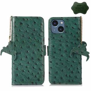 For iPhone 15 Plus Ostrich Pattern Genuine Leather RFID Phone Case(Green)