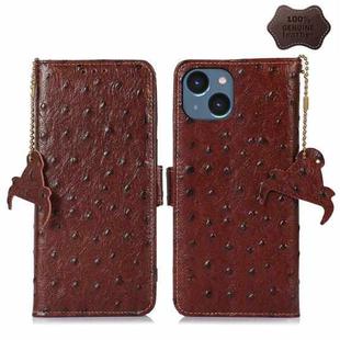 For iPhone 15 Ostrich Pattern Genuine Leather RFID Phone Case(Coffee)