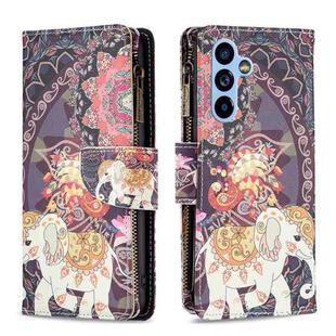 For Samsung Galaxy A54 5G Colored Drawing Pattern Zipper Leather Phone Case(Flower Elephants)