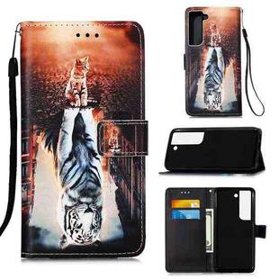 For Samsung Galaxy S23 5G Colored Drawing Pattern Plain Weave Leather Phone Case(Cats And Tigers)
