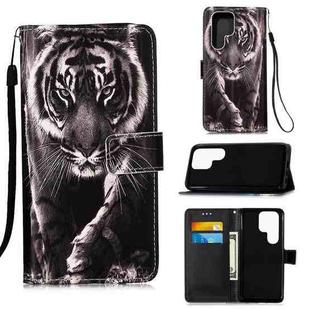 For Samsung Galaxy S23 Ultra 5G Colored Drawing Pattern Plain Weave Leather Phone Case(Black And White Tiger)
