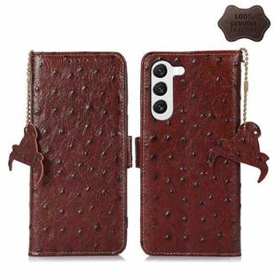 For Samsung Galaxy S22+ 5G Ostrich Pattern Genuine Leather RFID Phone Case(Coffee)