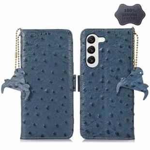 For Samsung Galaxy S22+ 5G Ostrich Pattern Genuine Leather RFID Phone Case(Blue)