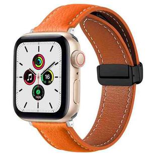 Folding Buckle Genuine Leather Watch Band For Apple Watch Ultra 49mm / Series 8&7 45mm / SE 2&6&SE&5&4 44mm / 3&2&1 42mm(Orange)