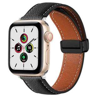 Folding Buckle Genuine Leather Watch Band For Apple Watch Ultra 49mm / Series 8&7 45mm / SE 2&6&SE&5&4 44mm / 3&2&1 42mm(Black)