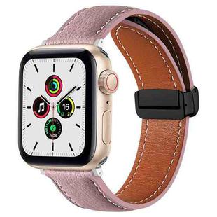 Folding Buckle Genuine Leather Watch Band For Apple Watch Ultra 49mm / Series 8&7 45mm / SE 2&6&SE&5&4 44mm / 3&2&1 42mm(Dark Pink)