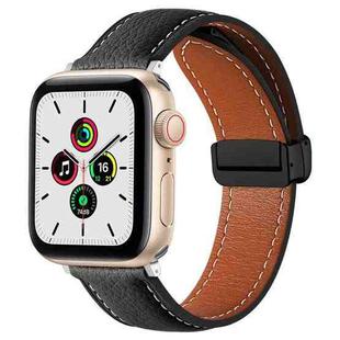 Folding Buckle Genuine Leather Watch Band For Apple Watch Series 8&7 41mm / SE 2&6&SE&5&4 40mm / 3&2&1 38mm(Black)