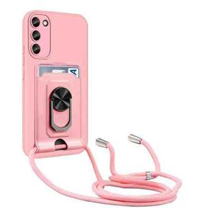 For Samsung Galaxy S23 5G Ring Kickstand Card Wallet TPU Phone Case with Lanyard(Pink)