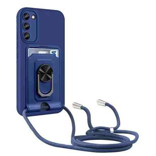 For Samsung Galaxy S23+ 5G Ring Kickstand Card Wallet TPU Phone Case with Lanyard(Blue)