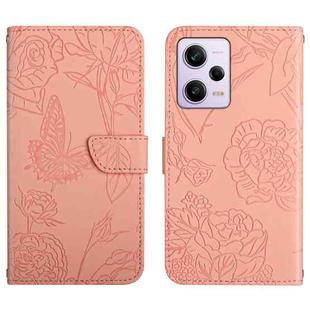 For Xiaomi Redmi Note 12 Pro 5G China HT03 Skin Feel Butterfly Embossed Flip Leather Phone Case(Pink)