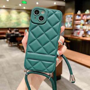 For iPhone 14 Plus Rhombic Texture Lanyard Phone Case(Dark Green)