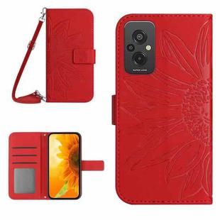 For Xiaomi Redmi 11 Prime 4G Skin Feel Sun Flower Pattern Flip Leather Phone Case with Lanyard(Red)