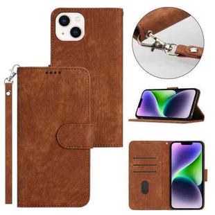 For iPhone 14 Dual-Fold Stripe Texture Buckle Leather Phone Case(Brown)