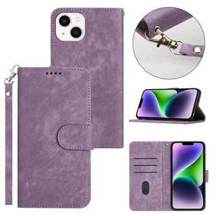 For iPhone 14 Plus Dual-Fold Stripe Texture Buckle Leather Phone Case(Purple)
