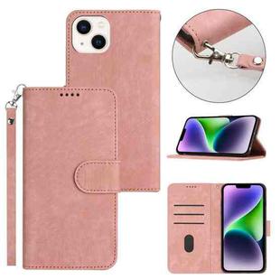 For iPhone 14 Plus Dual-Fold Stripe Texture Buckle Leather Phone Case(Pink)
