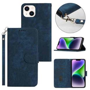For iPhone 14 Plus Dual-Fold Stripe Texture Buckle Leather Phone Case(Blue)