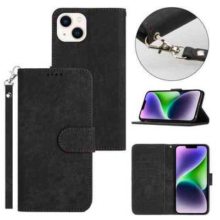For iPhone 14 Plus Dual-Fold Stripe Texture Buckle Leather Phone Case(Black)