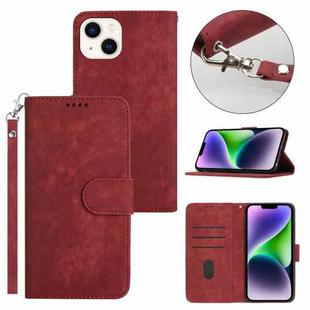 For iPhone 14 Plus Dual-Fold Stripe Texture Buckle Leather Phone Case(Red)