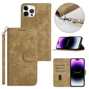 For iPhone 14 Pro Dual-Fold Stripe Texture Buckle Leather Phone Case(Yellow)