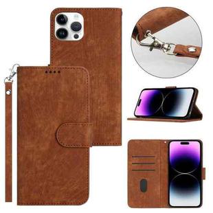 For iPhone 14 Pro Dual-Fold Stripe Texture Buckle Leather Phone Case(Brown)