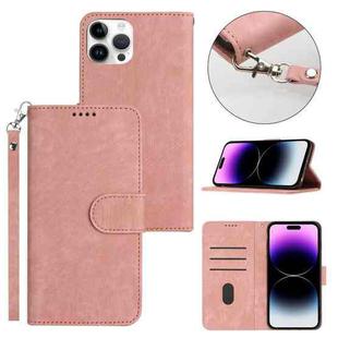 For iPhone 14 Pro Dual-Fold Stripe Texture Buckle Leather Phone Case(Pink)