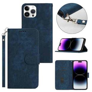 For iPhone 14 Pro Dual-Fold Stripe Texture Buckle Leather Phone Case(Blue)