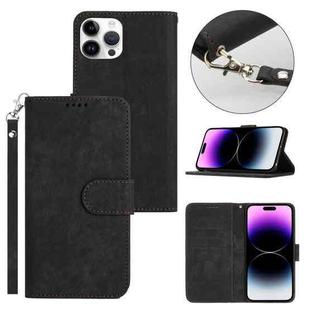 For iPhone 14 Pro Dual-Fold Stripe Texture Buckle Leather Phone Case(Black)