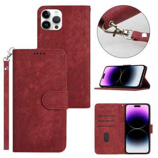 For iPhone 14 Pro Dual-Fold Stripe Texture Buckle Leather Phone Case(Red)