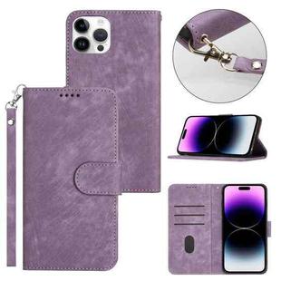 For iPhone 14 Pro Max Dual-Fold Stripe Texture Buckle Leather Phone Case(Purple)