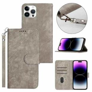 For iPhone 14 Pro Max Dual-Fold Stripe Texture Buckle Leather Phone Case(Grey)