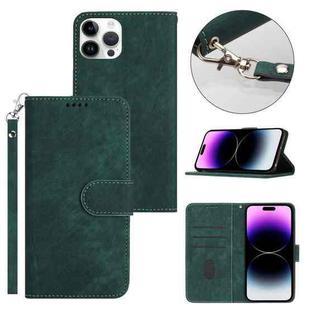 For iPhone 14 Pro Max Dual-Fold Stripe Texture Buckle Leather Phone Case(Green)