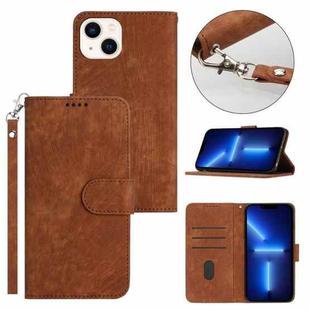For iPhone 13 mini Dual-Fold Stripe Texture Buckle Leather Phone Case(Brown)
