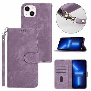 For iPhone 13 Dual-Fold Stripe Texture Buckle Leather Phone Case(Purple)