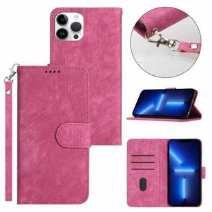 For iPhone 13 Pro Dual-Fold Stripe Texture Buckle Leather Phone Case(Hot Pink)