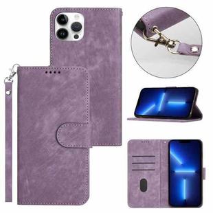 For iPhone 13 Pro Dual-Fold Stripe Texture Buckle Leather Phone Case(Purple)