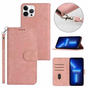 For iPhone 13 Pro Max Dual-Fold Stripe Texture Buckle Leather Phone Case(Pink)