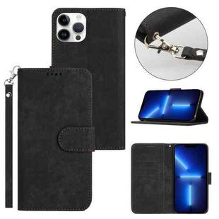 For iPhone 13 Pro Max Dual-Fold Stripe Texture Buckle Leather Phone Case(Black)