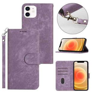 For iPhone 12 Dual-Fold Stripe Texture Buckle Leather Phone Case(Purple)